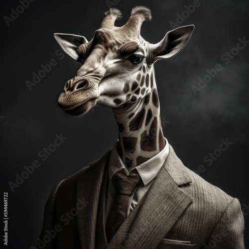An anthropomorphic giraffe dressed in a business suit like a boss. AI generated, human enhanced © top images