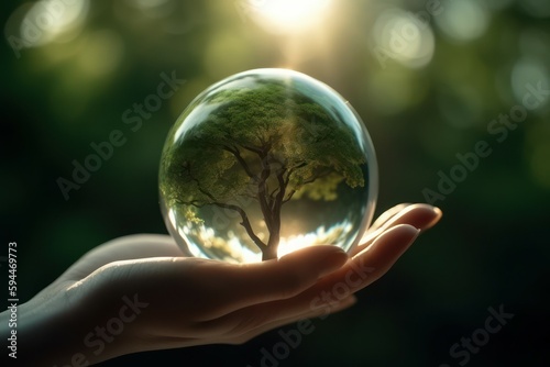 Hand holding a green tree in a sphere. Ecology concept. AI generated, human enhanced
