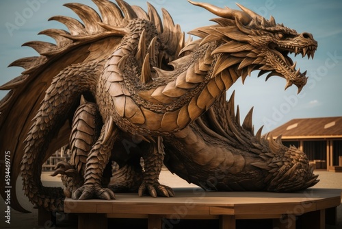 Giant green wooden dragon sculpture. AI generated, human enhanced. © top images