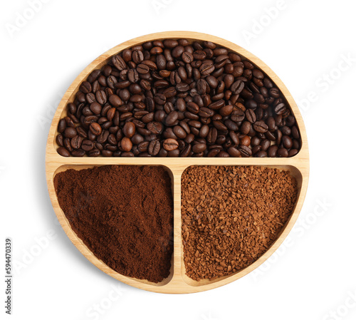 Wooden plate of beans, instant and ground coffee on white background, top view