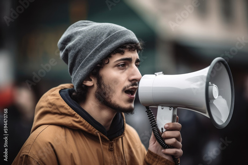 Young man speaking onto a megaphone. High generative ai © MVProductions