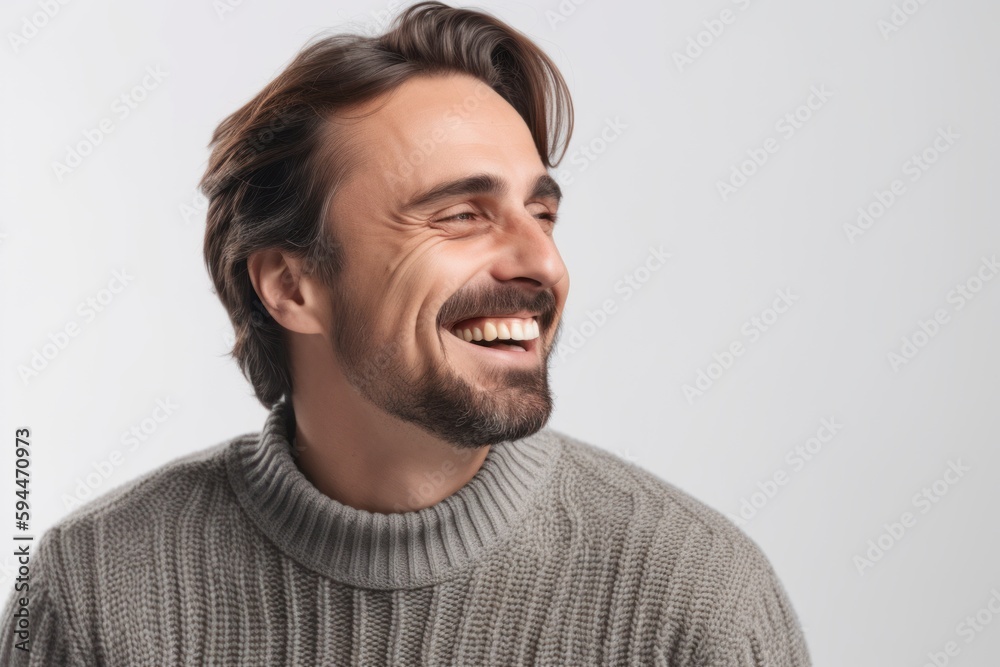 Portrait of a handsome young man laughing and looking away isolated over white background Portrait of a handsome young man laughing and looking away isolated over white background