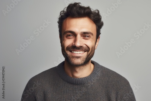 Portrait of a smiling man looking at the camera over gray background © Robert MEYNER