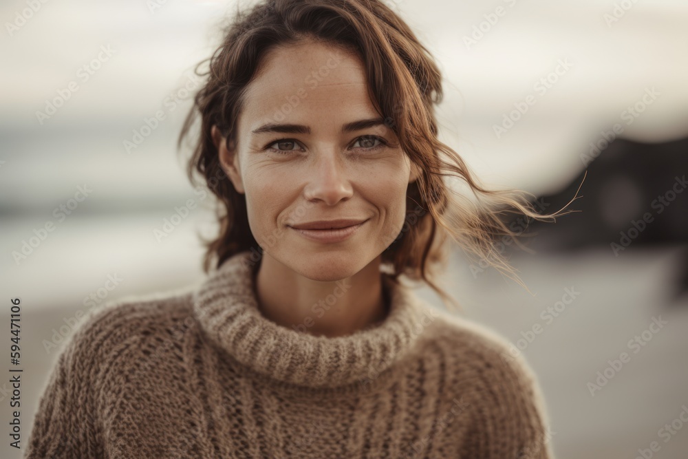 Group portrait photography of a satisfied woman in her 30s wearing a cozy sweater against a beach background. Generative AI Group portrait photography of a satisfied woman in her 30s wearing a cozy sweater against a beach background. Generative AI