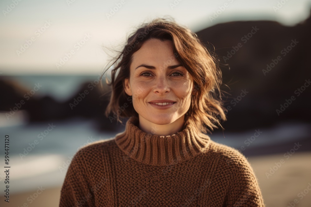 Portrait of smiling woman in sweater standing on beach at autumn day