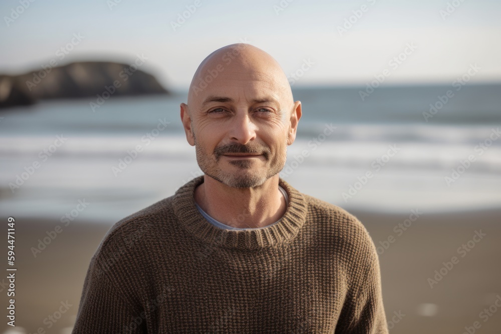 Portrait of a bald man standing on the beach looking at camera Portrait of a bald man standing on the beach looking at camera