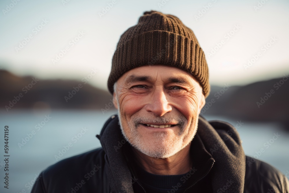 Portrait of a smiling senior man in winter clothes on a lake Portrait of a smiling senior man in winter clothes on a lake