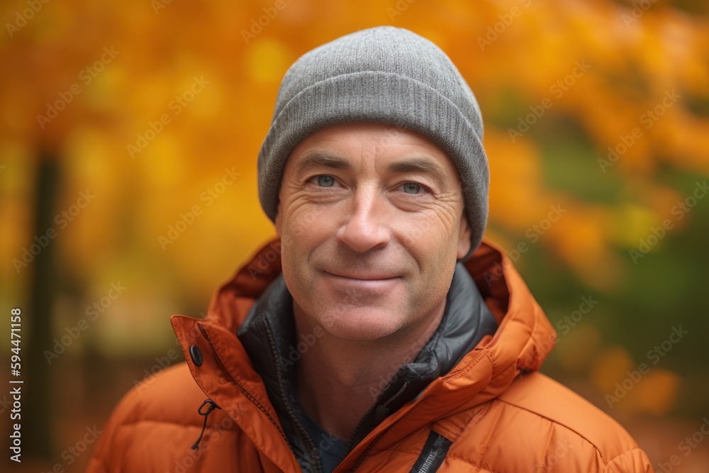 Portrait of a senior man in an orange jacket in an autumn park Portrait of a senior man in an orange jacket in an autumn park
