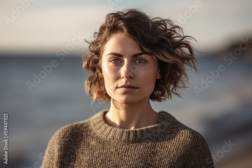 Group portrait photography of a satisfied woman in her 30s wearing a cozy sweater against a beach background. Generative AI