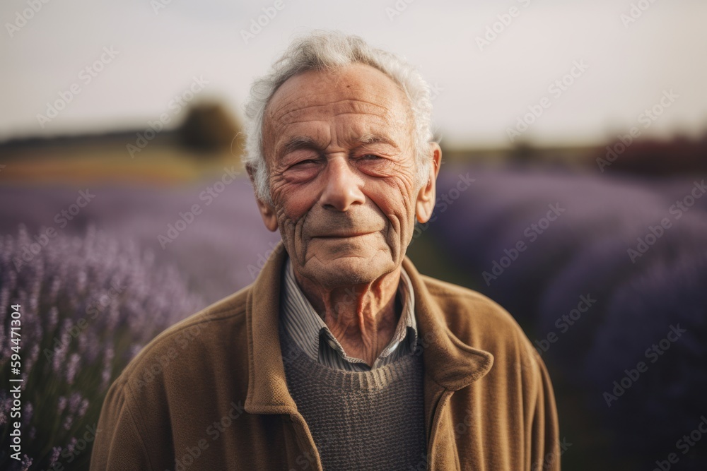 Portrait of senior man in lavender field with eyes closed.