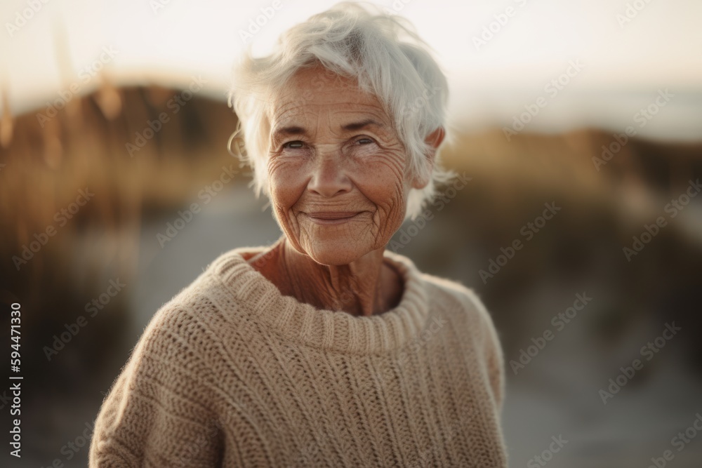 Portrait of a smiling senior woman standing on the beach at sunset Portrait of a smiling senior woman standing on the beach at sunset