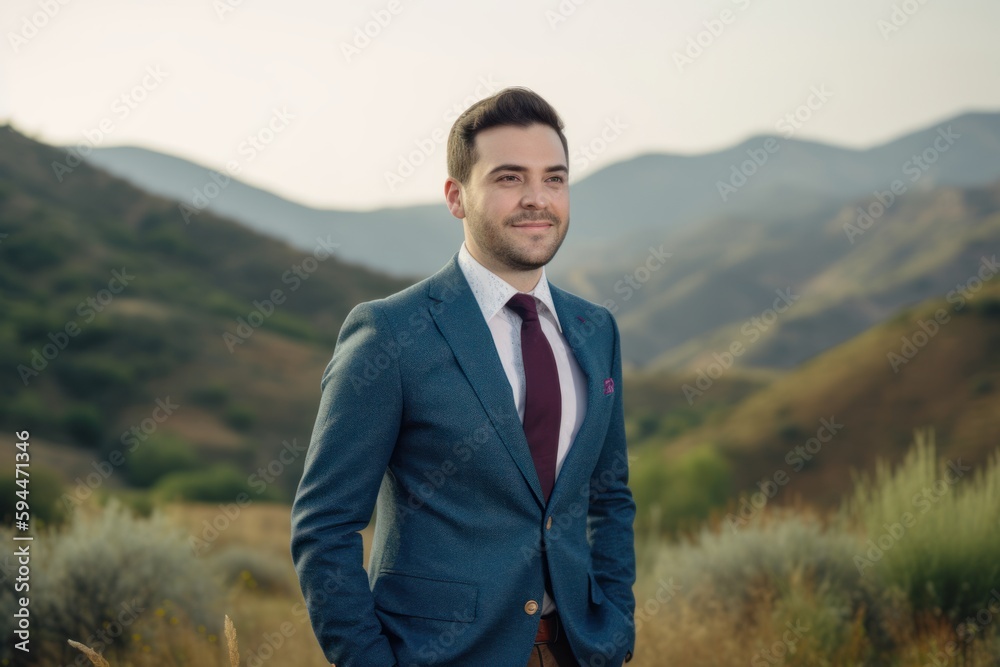 Portrait of a handsome young man in a blue suit on the background of mountains