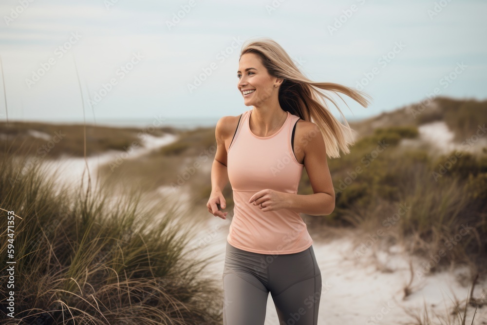 Portrait of happy young woman running on sand dunes at beach Portrait of happy young woman running on sand dunes at beach