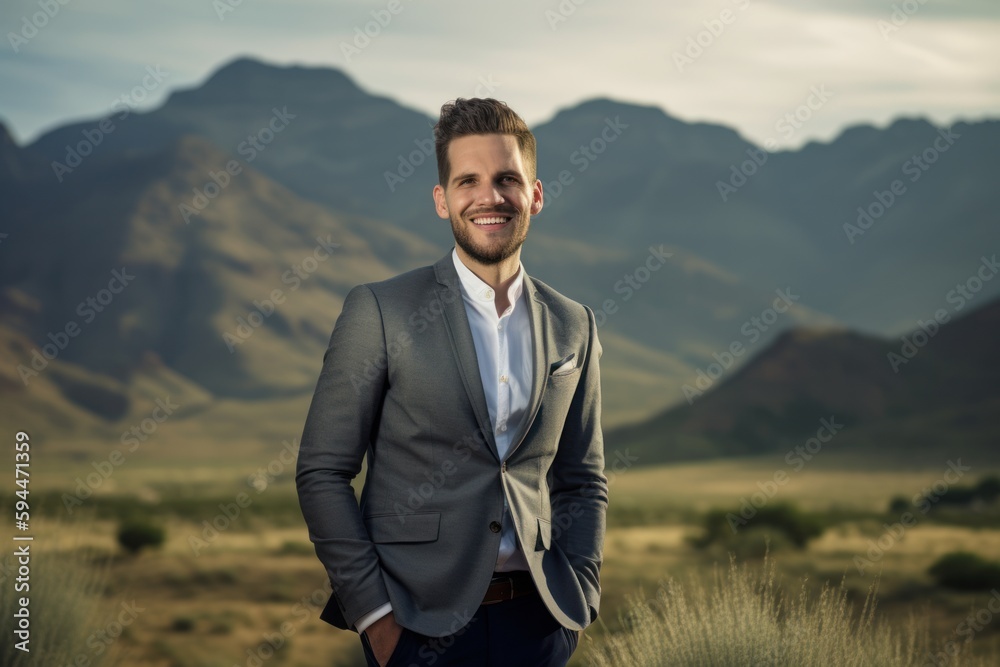 Portrait Of A Young Businessman Smiling At The Camera In The Desert