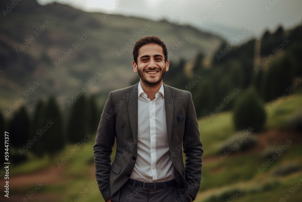 Portrait of a smiling man in a suit on a background of mountains Portrait of a smiling man in a suit on a background of mountains