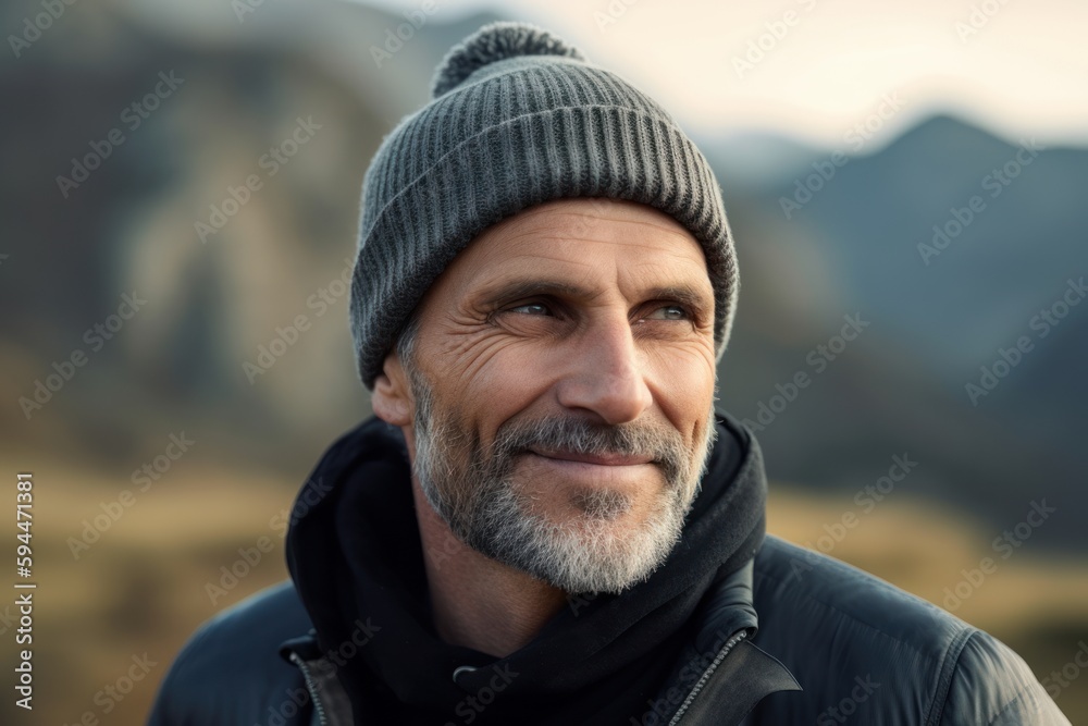 Portrait of a handsome middle-aged man with gray beard and gray hair in a black hat on a background of mountains Portrait of a handsome middle-aged man with gray beard and gray hair in a black hat on a background of mountains