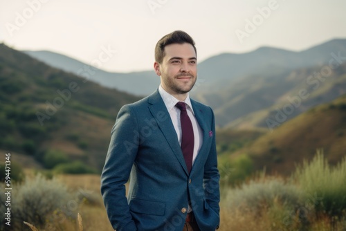 Portrait of a handsome young man in a blue suit on the background of mountains © Robert MEYNER