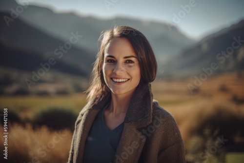Beautiful young woman with long hair, wearing brown coat, smiling and looking at camera while standing in autumn field.