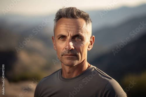 Portrait of handsome middle aged man looking at camera in the mountains