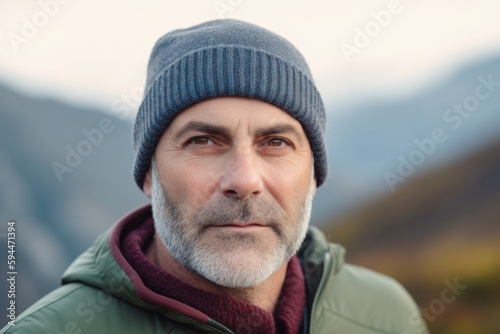 Portrait of a senior man in winter hat looking at camera outdoors