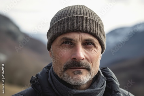 Portrait of a senior man in winter hat looking at camera.