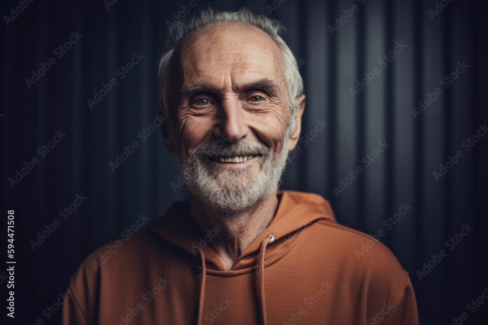 Portrait of a smiling senior man in an orange hoodie. Portrait of a smiling senior man in an orange hoodie.