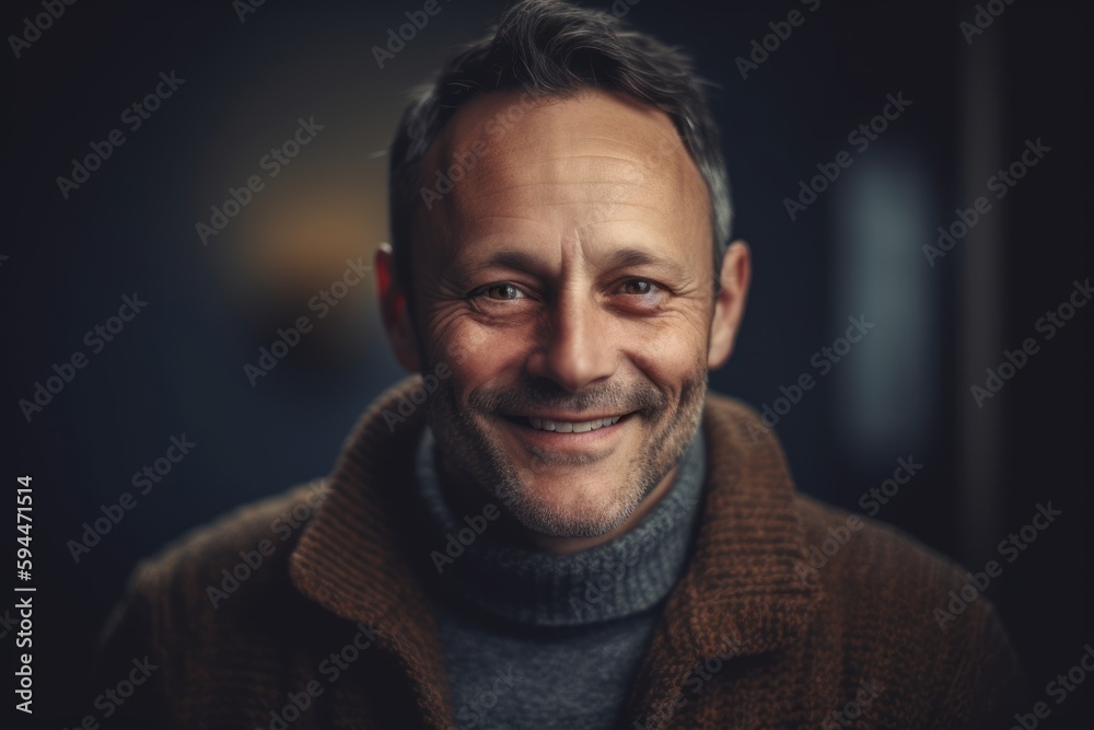 Portrait of a smiling middle-aged man in a brown coat. Portrait of a smiling middle-aged man in a brown coat.