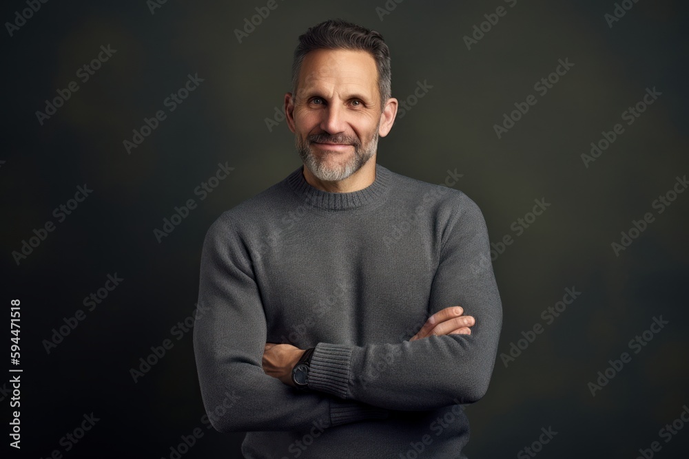 Portrait of a handsome mature man in a gray sweater on a dark background