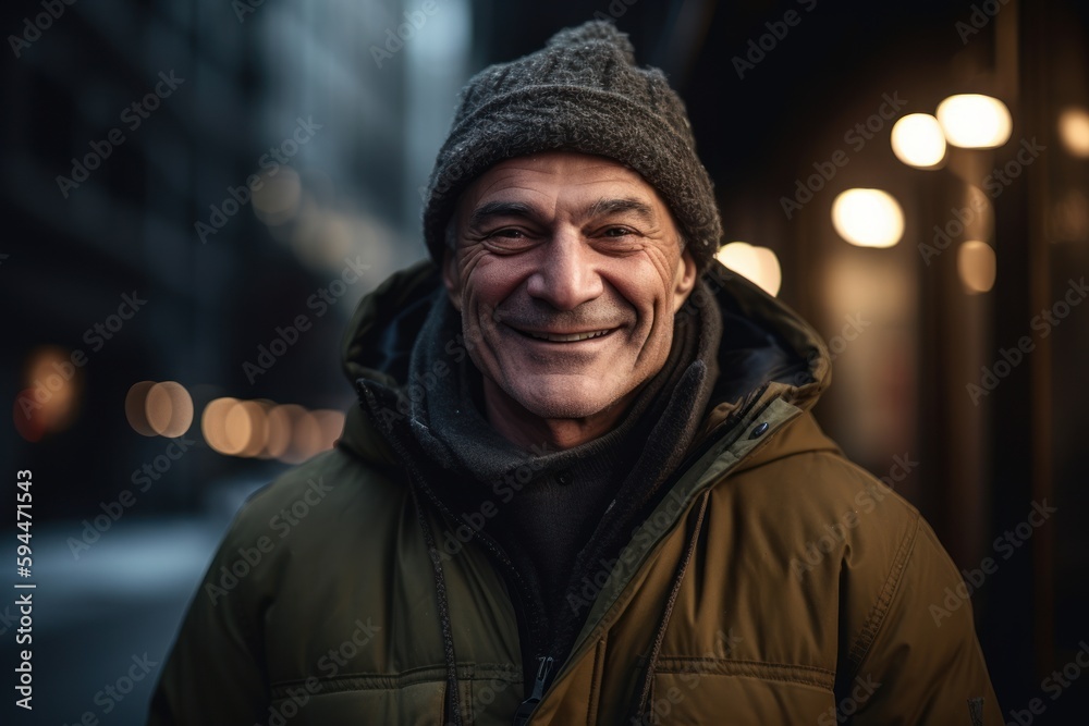 Portrait of a smiling man in the city at night. He is wearing a hat and jacket.
