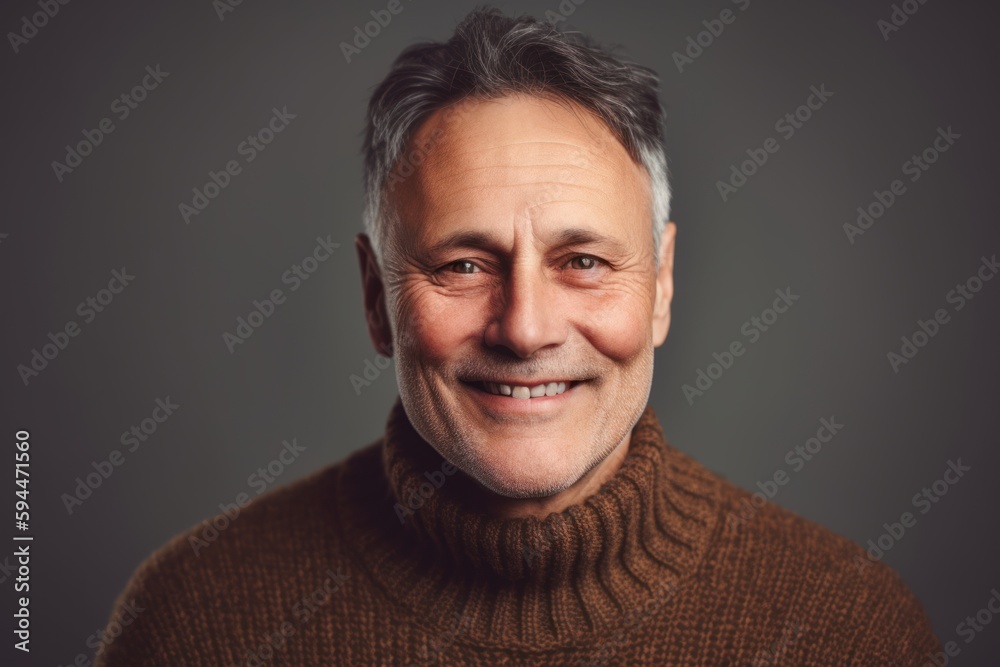 Portrait of a middle-aged man in a brown sweater on a gray background Portrait of a middle-aged man in a brown sweater on a gray background