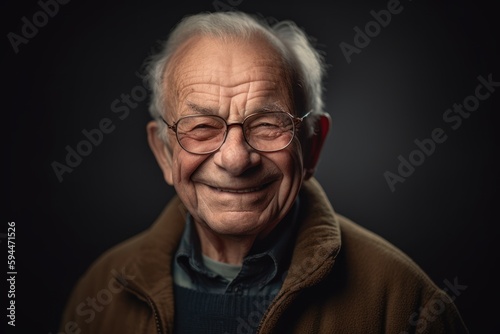 Portrait of an old man with glasses on a dark background.