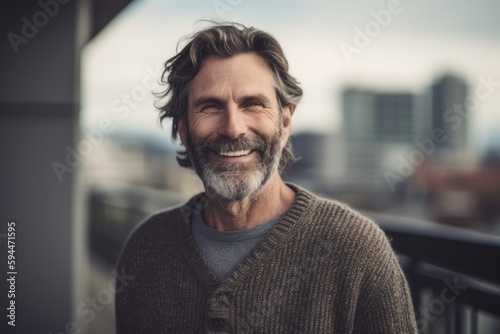 Portrait of a handsome senior man with grey hair, wearing a warm sweater, standing outdoors in the city.