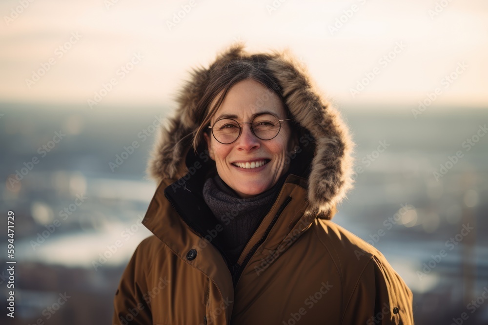 Portrait of a smiling woman in winter jacket and eyeglasses Portrait of a smiling woman in winter jacket and eyeglasses