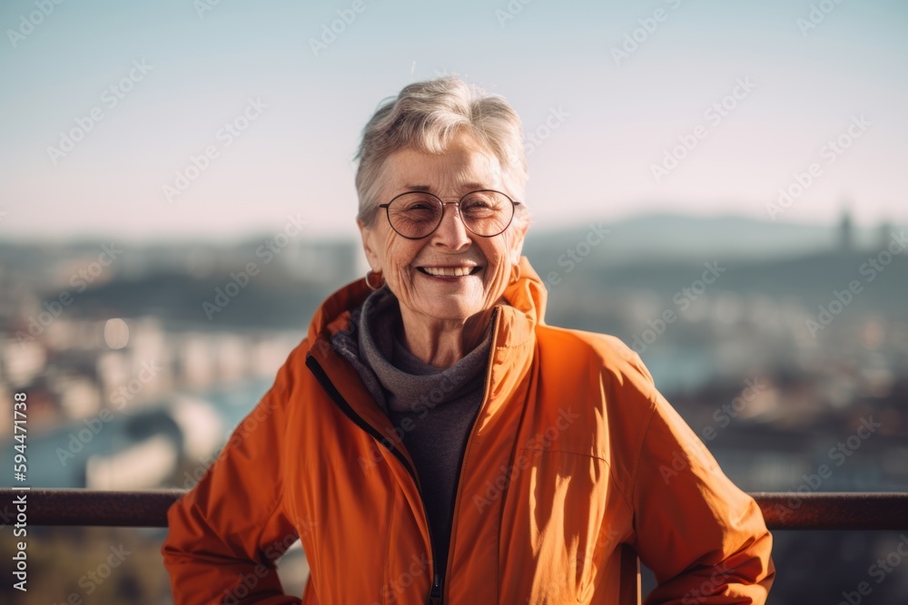 Portrait of happy senior woman with eyeglasses in the city