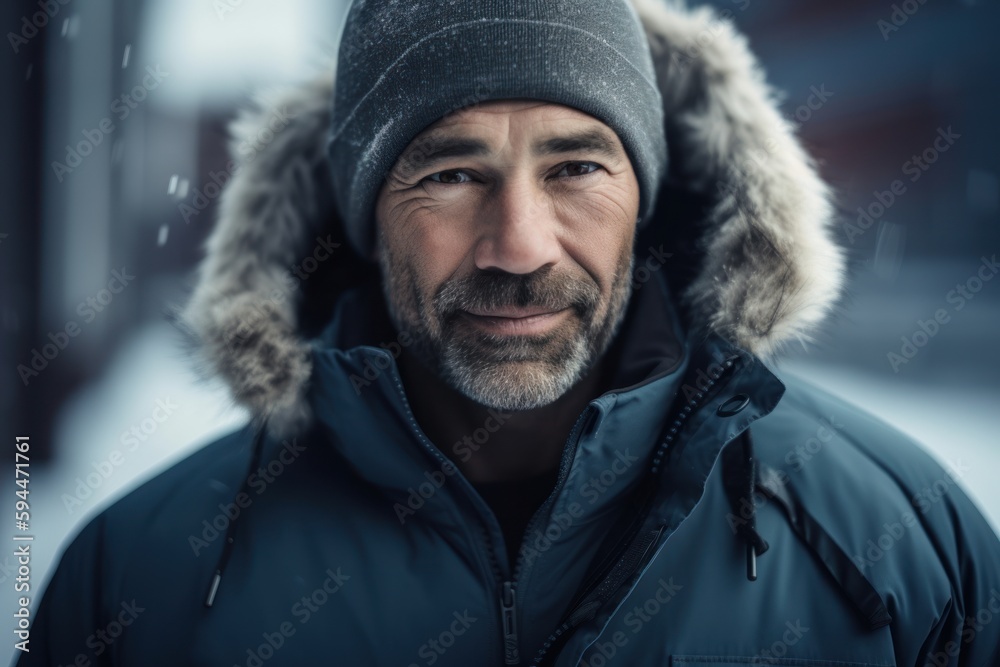 Portrait of a handsome middle-aged man in winter jacket and hat. Portrait of a handsome middle-aged man in winter jacket and hat.