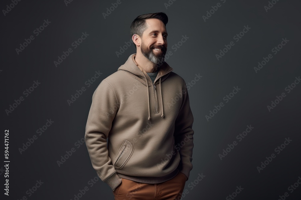 smiling bearded man in hoodie looking at camera isolated on grey