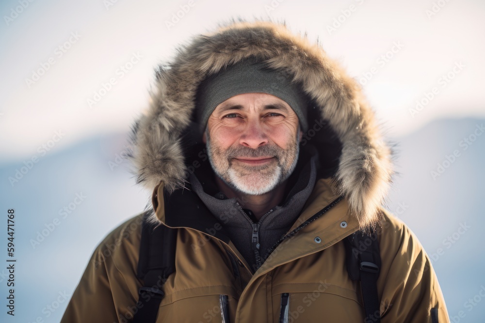 Portrait of a senior man in winter jacket looking at camera. Portrait of a senior man in winter jacket looking at camera.