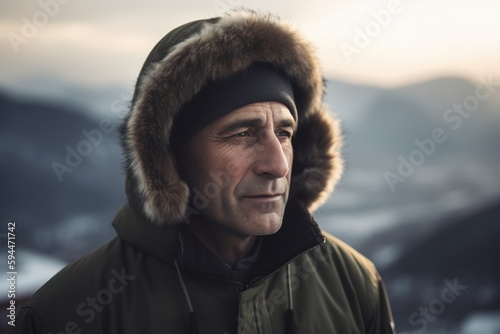 Portrait of a man in warm clothes on the background of mountains