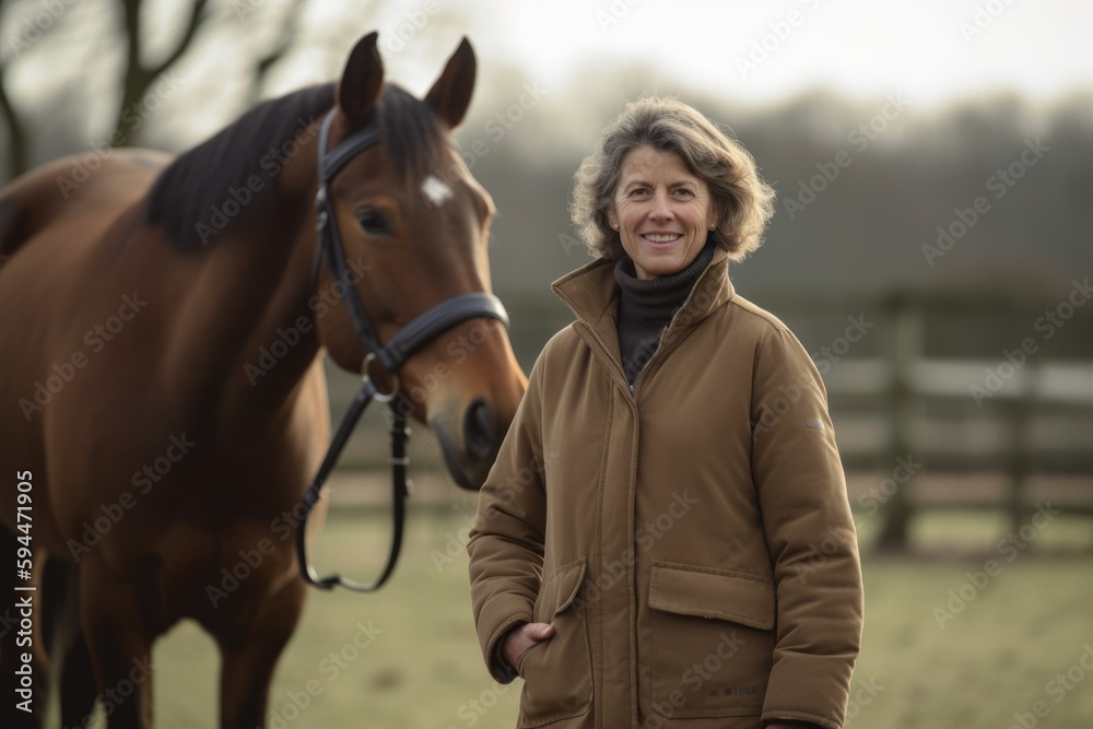 Obraz premium Portrait of a smiling middle-aged woman standing with her horse