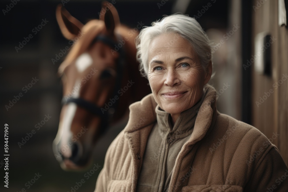 Portrait of a beautiful senior woman with a horse in the background Portrait of a beautiful senior woman with a horse in the background