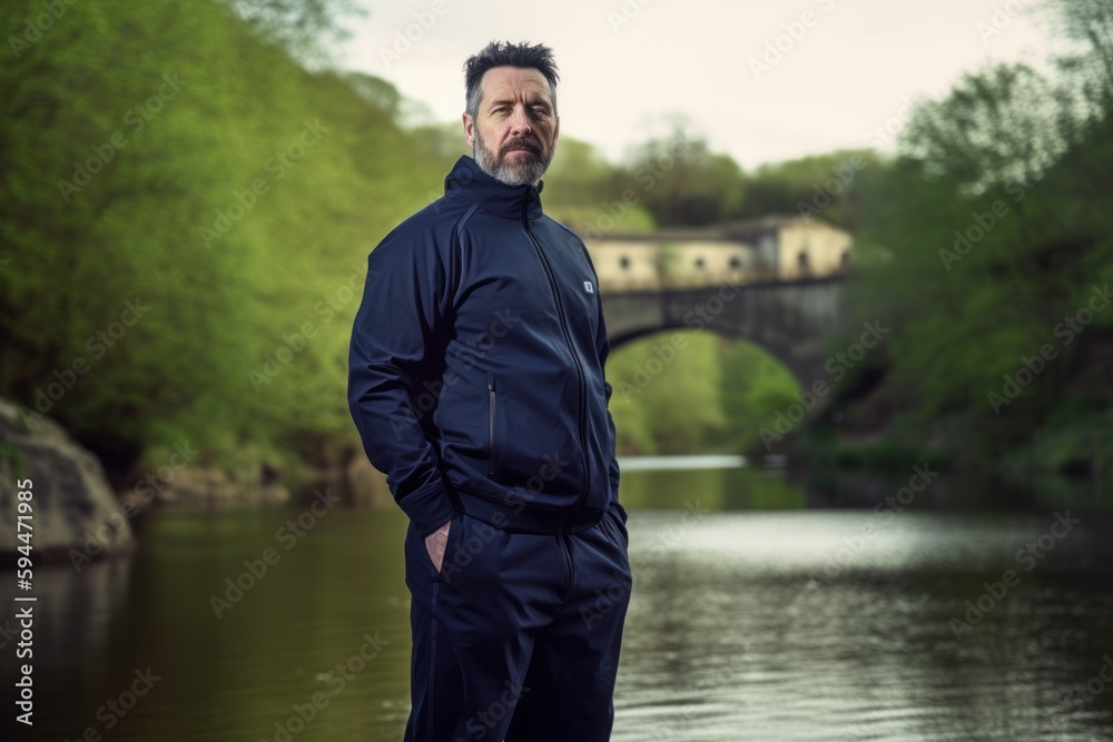 Portrait of a handsome middle-aged man standing on the bank of the river.