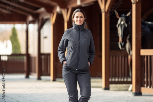 Full-length portrait photography of a satisfied woman in her 40s wearing a comfortable tracksuit against an equestrian or horse background. Generative AI photo