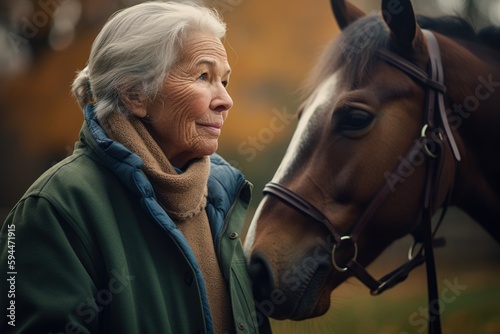 Portrait of an elderly woman with a horse in the autumn park