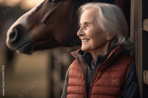 Portrait of a smiling senior woman with her horse in the background