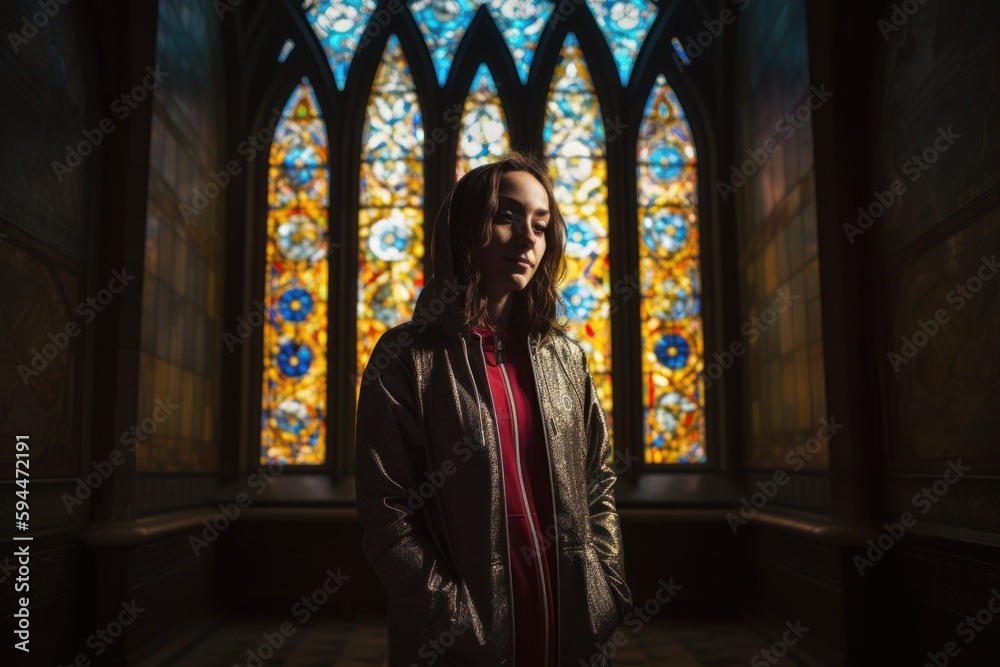 Young woman standing in front of the stained glass window in a church Young woman standing in front of the stained glass window in a church