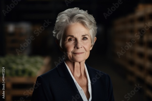 Portrait of a senior woman looking at the camera in a warehouse