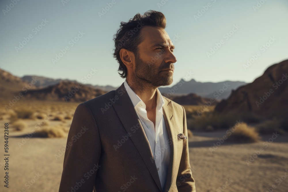 Handsome man in suit looking away while standing on the desert Handsome man in suit looking away while standing on the desert