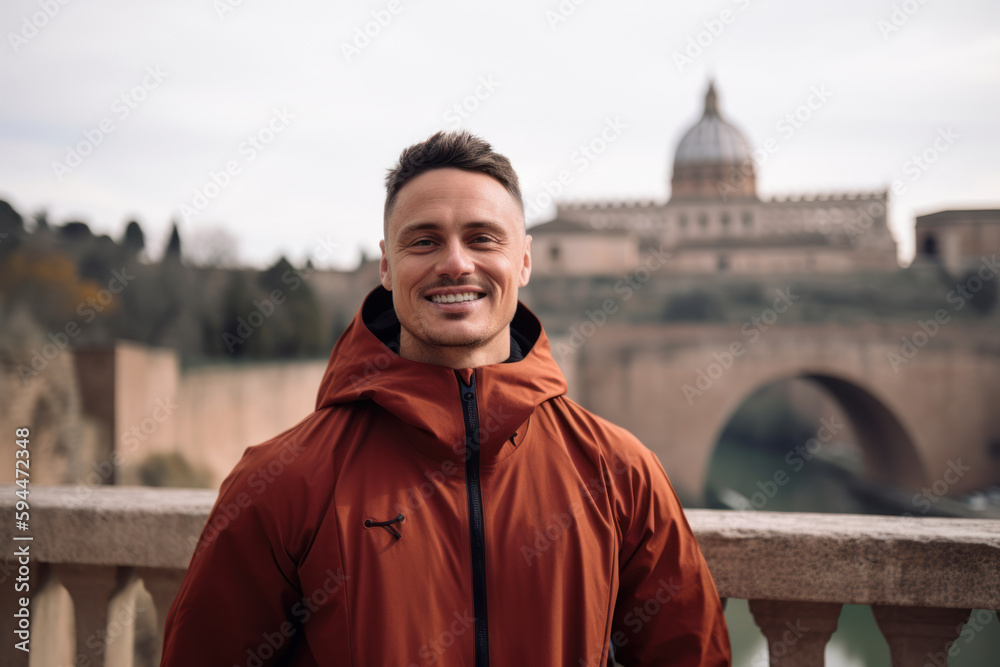 Environmental portrait photography of a grinning man in his 30s wearing a comfortable tracksuit against a historic monument or landmark background. Generative AI