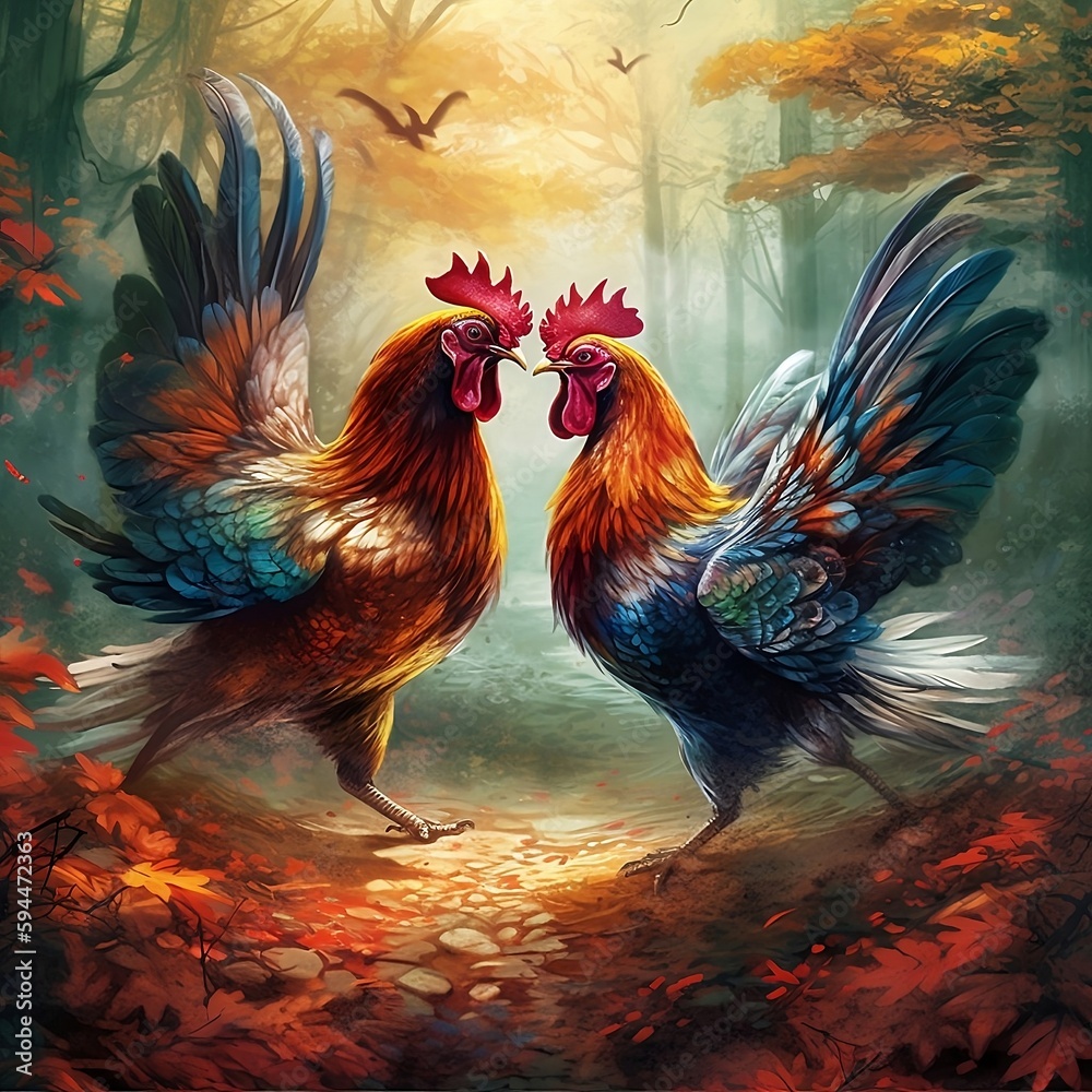 Game fowl roosters sparring facing off staring at each other in a nature scene.