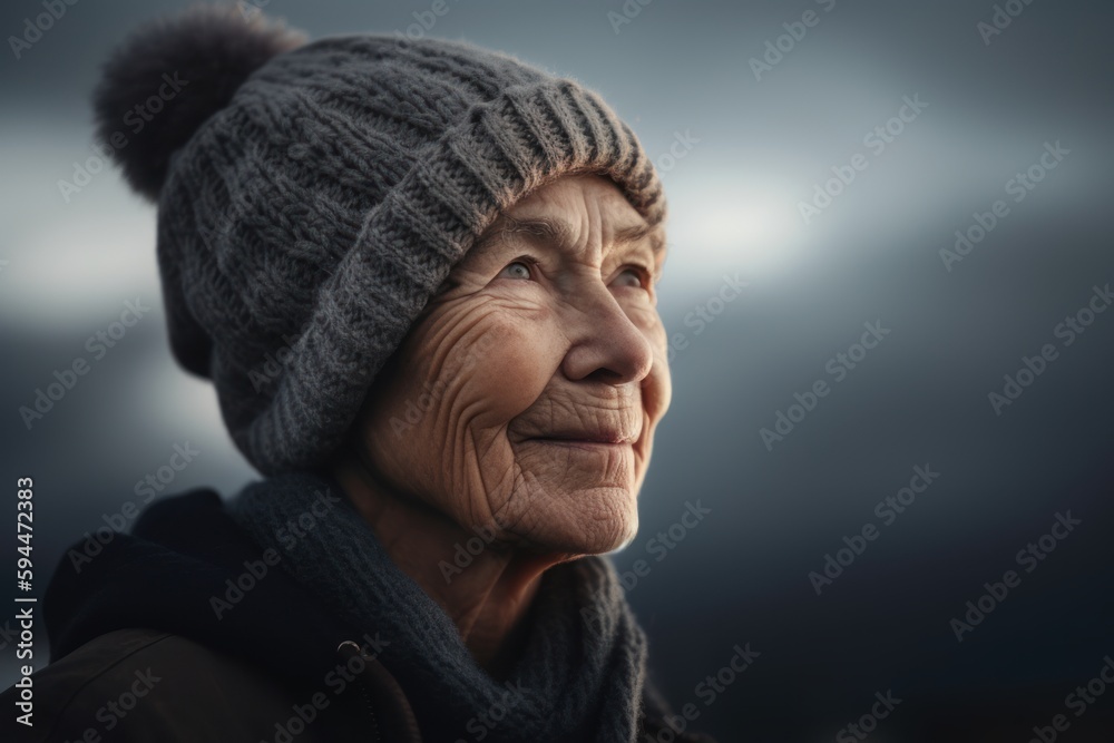 Portrait of an elderly woman in a hat and scarf on the street.